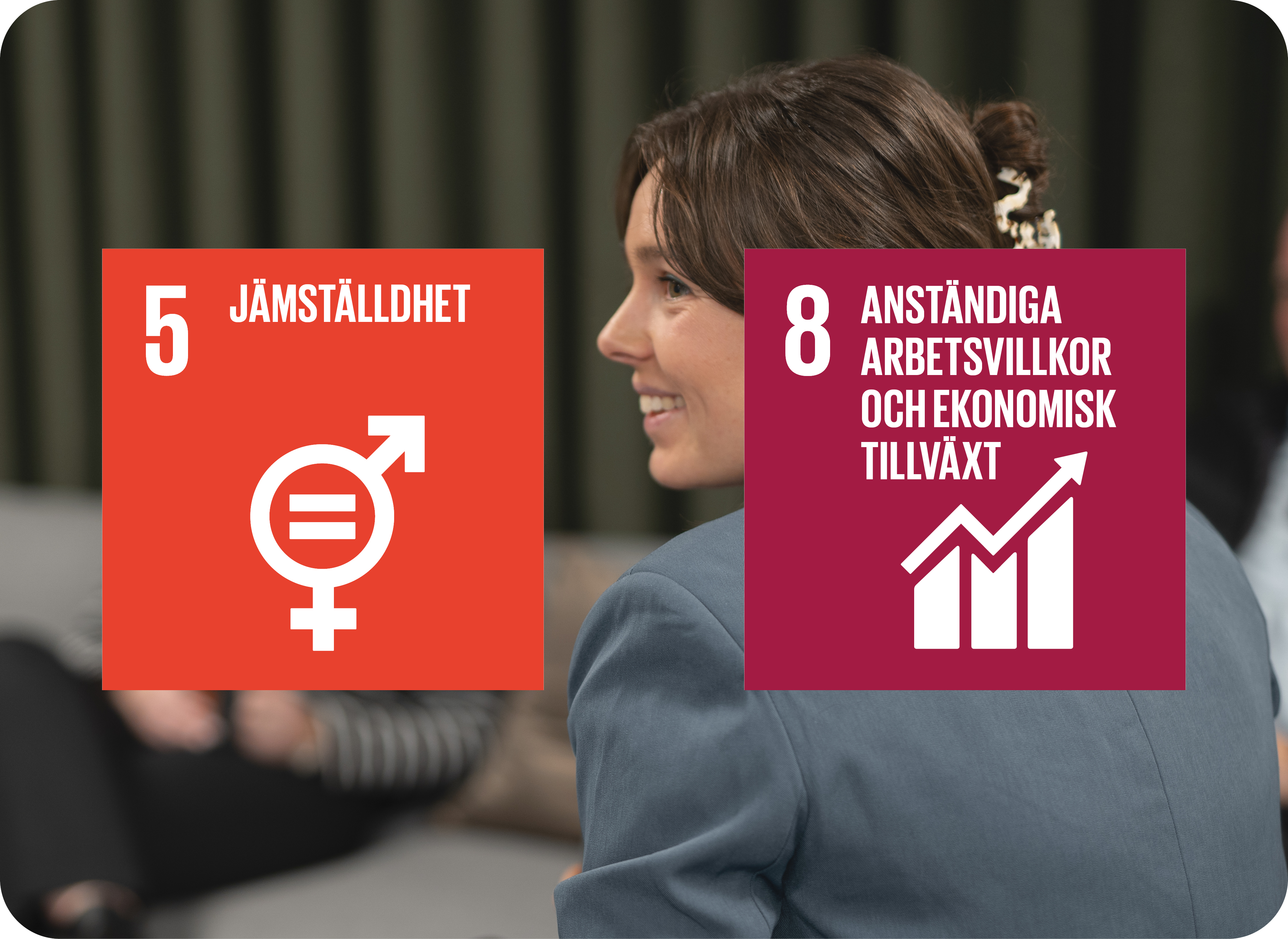 Bild på Telfas hållbarhetsmål nr 5 Jämställdhet och mål 8 Anständiga arbetsvillkor och ekonomisk tillväxt