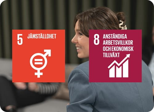 Bild på Telfas hållbarhetsmål nr 5 Jämställdhet och mål 8 Anständiga arbetsvillkor och ekonomisk tillväxt