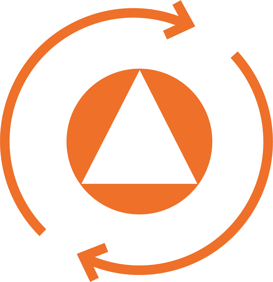 Symbol förcorkulation med två pilar i en cirkel runt Telfas pumplogo.