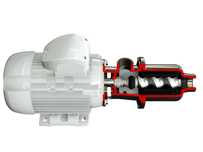 Excenterskruvpump från Nova Rotors.
En uppskuren pump som visar hur det ser ut innuti pumphuset på en excenterskuvpump.