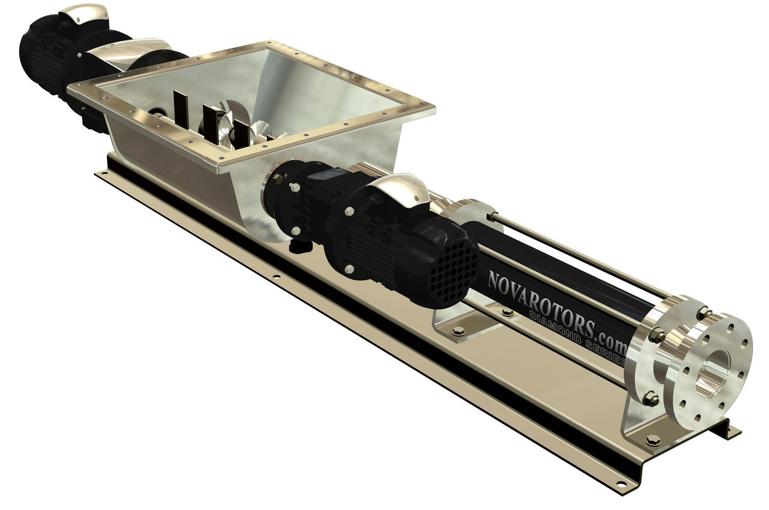 Excenterskruvpump med inmatningstråg från Nova Rotors. Pumpen hanterar både låg och högviskösa vätskor.