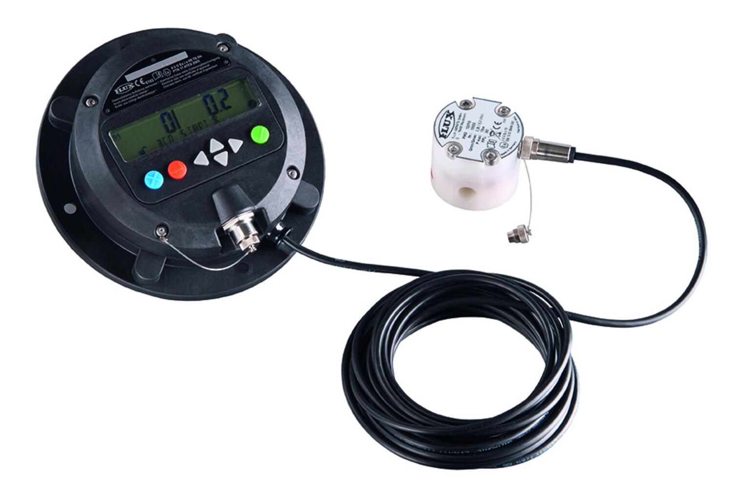 Flödesmätare FMO från Flux inkopplad med en display. Flödesmätaren är mycket exakt i vilket flöde man får, den har bra precision.