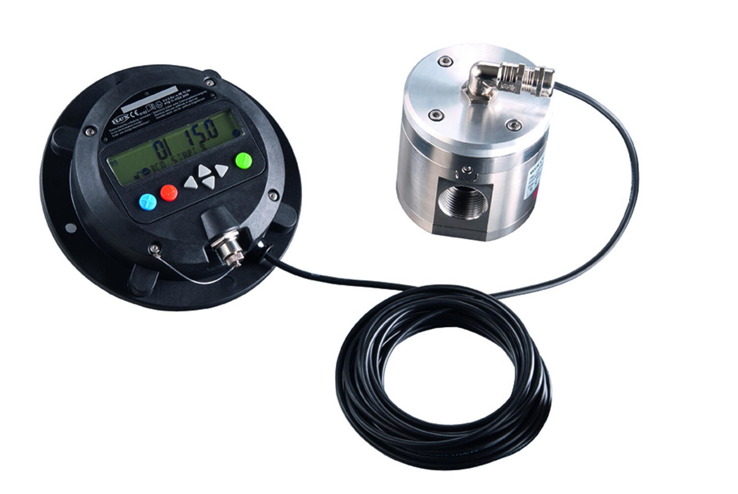 Flödesmätare FMO från Flux inkopplad med en display. Flödesmätaren är mycket exakt i vilket flöde man får, den har bra precision.