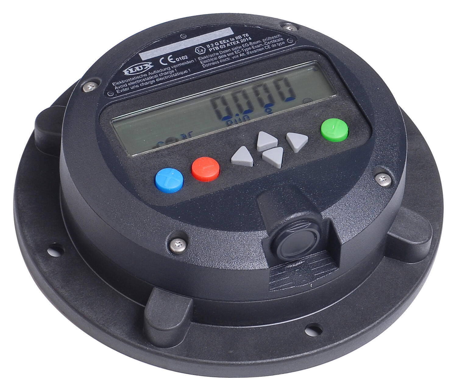 Smart display från flödesmätare FMC från Flux. Flödesmätaren kan monteras direkt på pumpen eller i en fast installation.