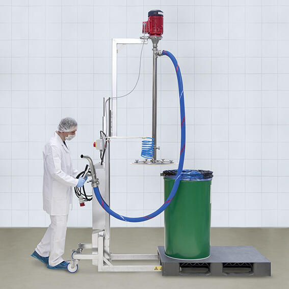 VISCOFLUX mobile S fattömningssystem från Flux (storleken visas). Pumpen är till för tömning av fat med högviskösa vätskor.